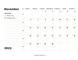 printable november calendar 2022 large box space notes