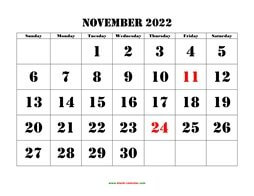 Printable November 2022 Calendar, large font design , holidays on red (horizontal)