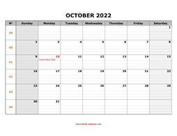 Printable October 2022 Calendar, large box grid, space for notes (horizontal)