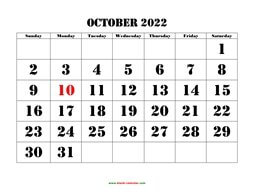 Printable October 2022 Calendar, large font design , holidays on red (horizontal)