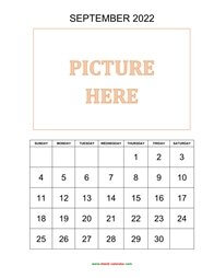 Printable September 2022 Calendar, pictures can be placed at the top (vertical)