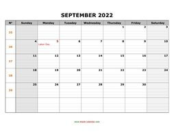 Printable September 2022 Calendar, large box grid, space for notes (horizontal)