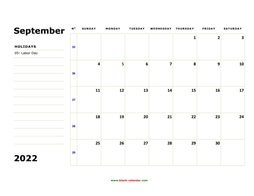Printable September 2022 Calendar, large box, Federal Holidays listed, space for notes (horizontal)