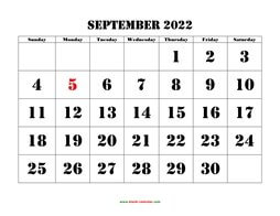 Printable September 2022 Calendar, large font design , holidays on red (horizontal)