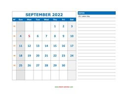Printable September 2022 Calendar, large space for appointment and notes (horizontal)