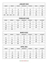 printable calendar 2022 4 months per page