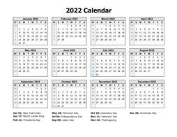 Printable Calendar 2022, Clean Design, Yearly Planner (one page, horizontal)