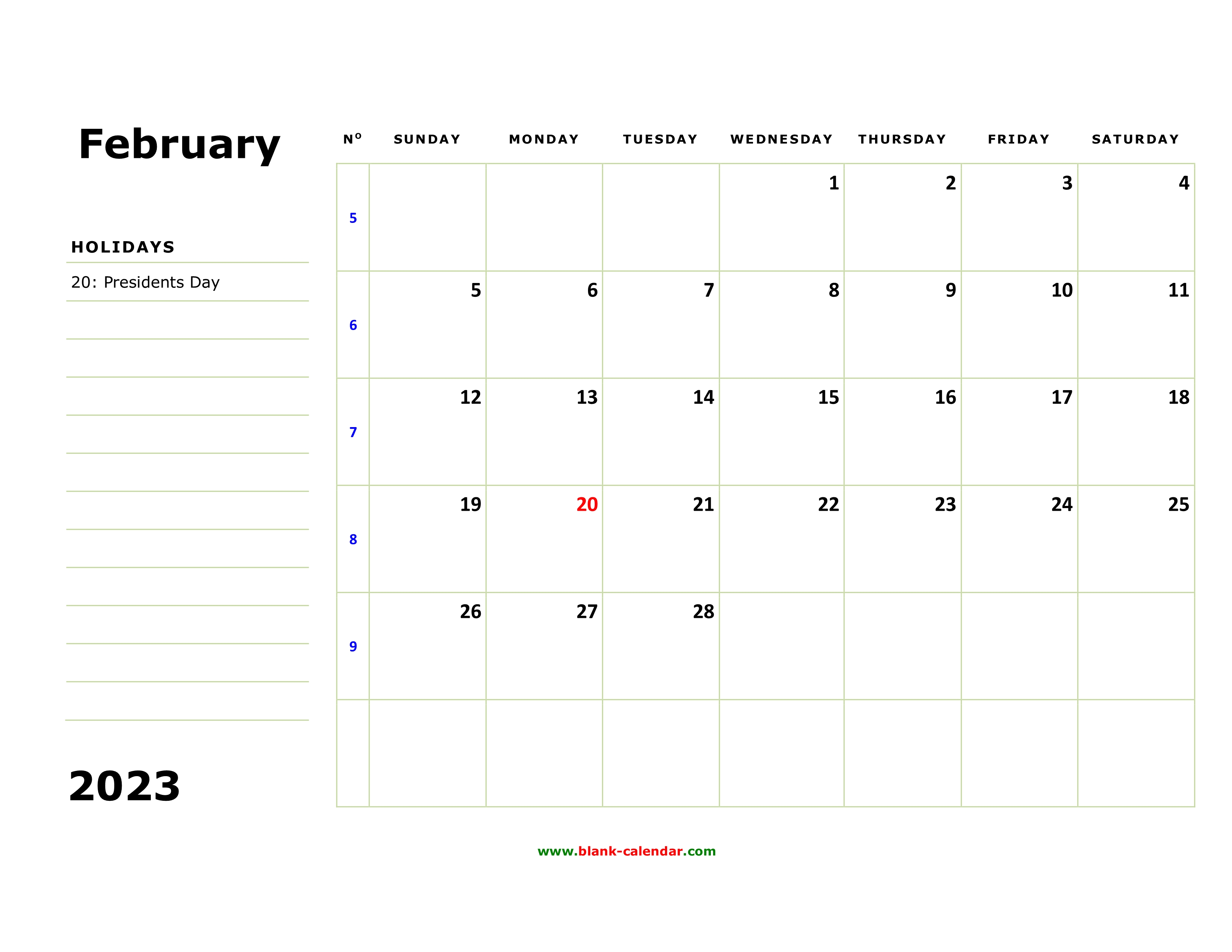 Free Download Printable February 2023 Calendar, large box, holidays