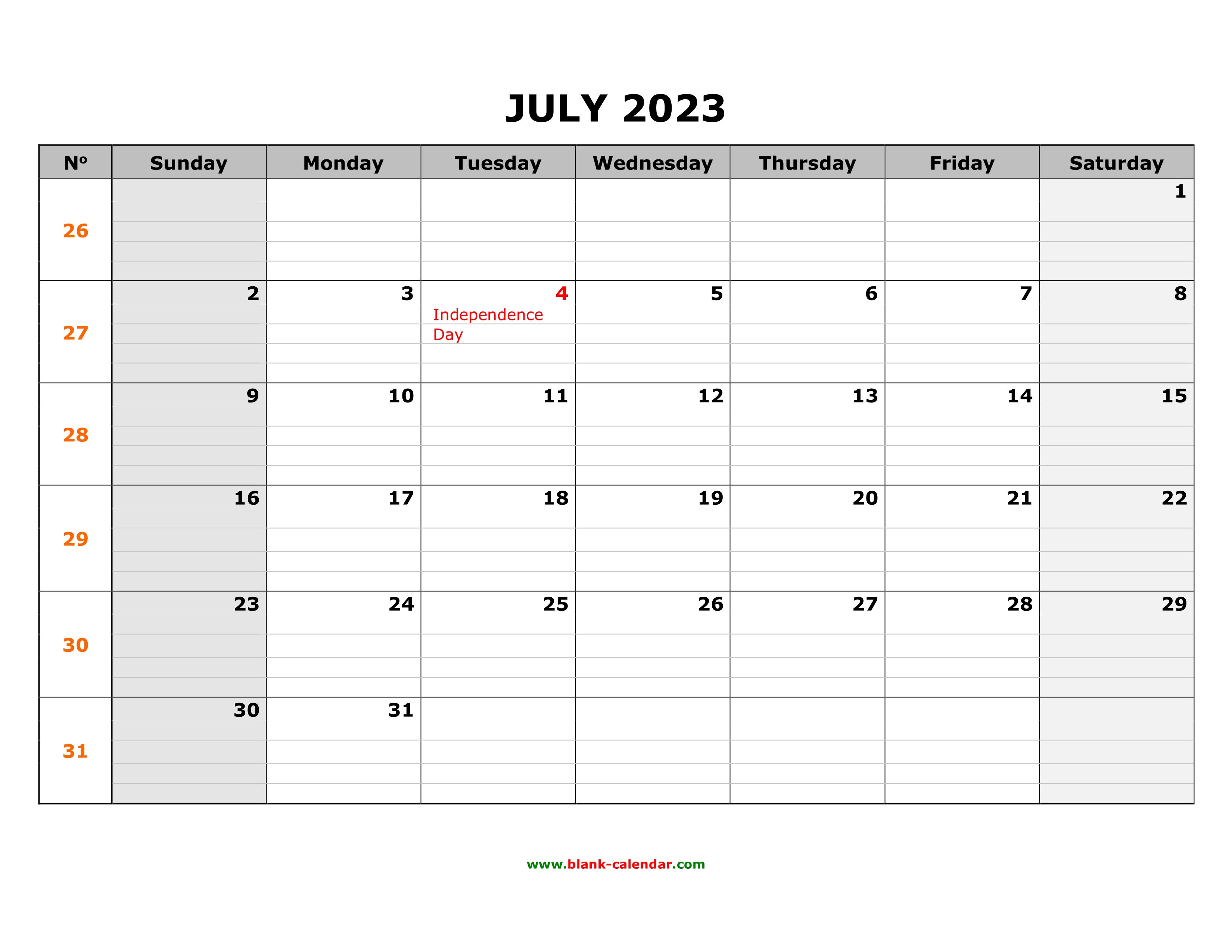 Free Download Printable July 2023 Calendar, large box grid, space for notes