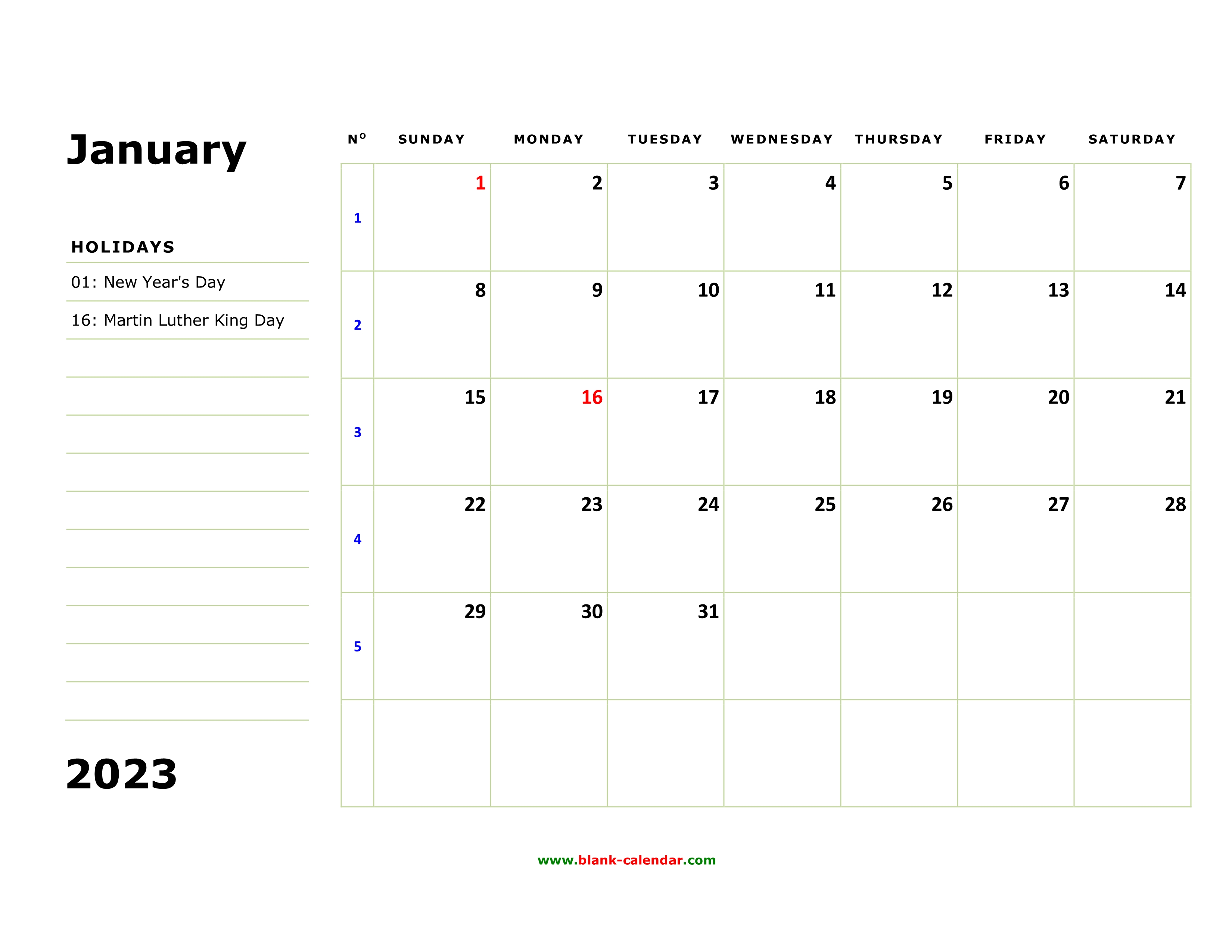 Free Download Printable Calendar 2023 Large Box Holidays Listed