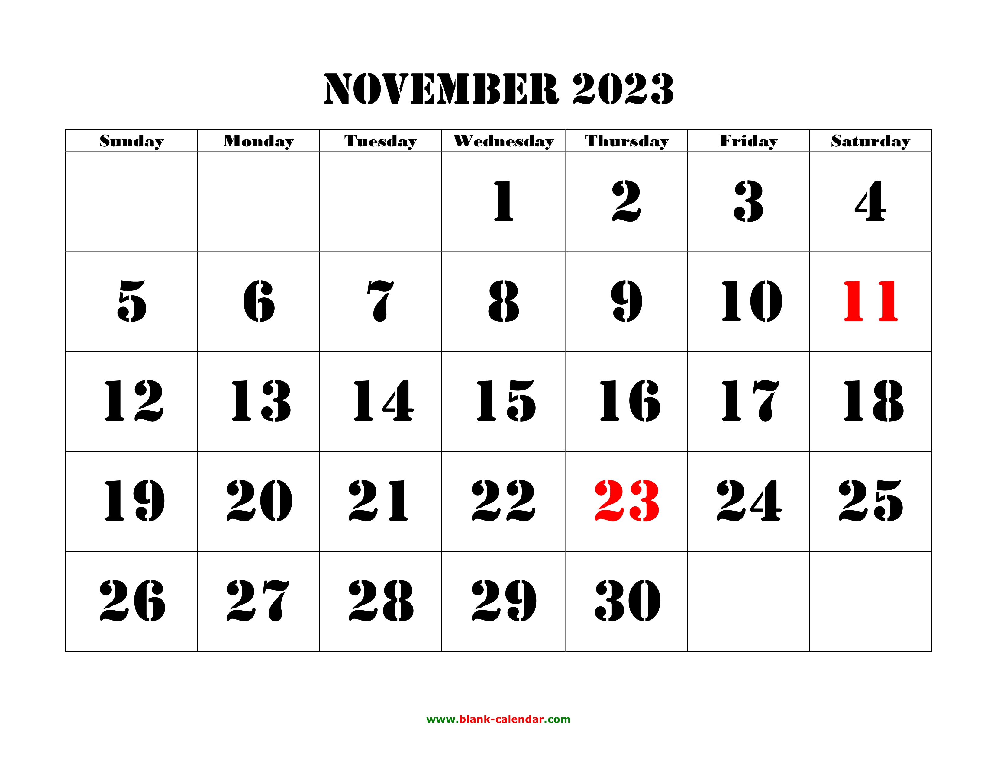 November 2023 Printable Calendar | Free Download Monthly Calendar Templates