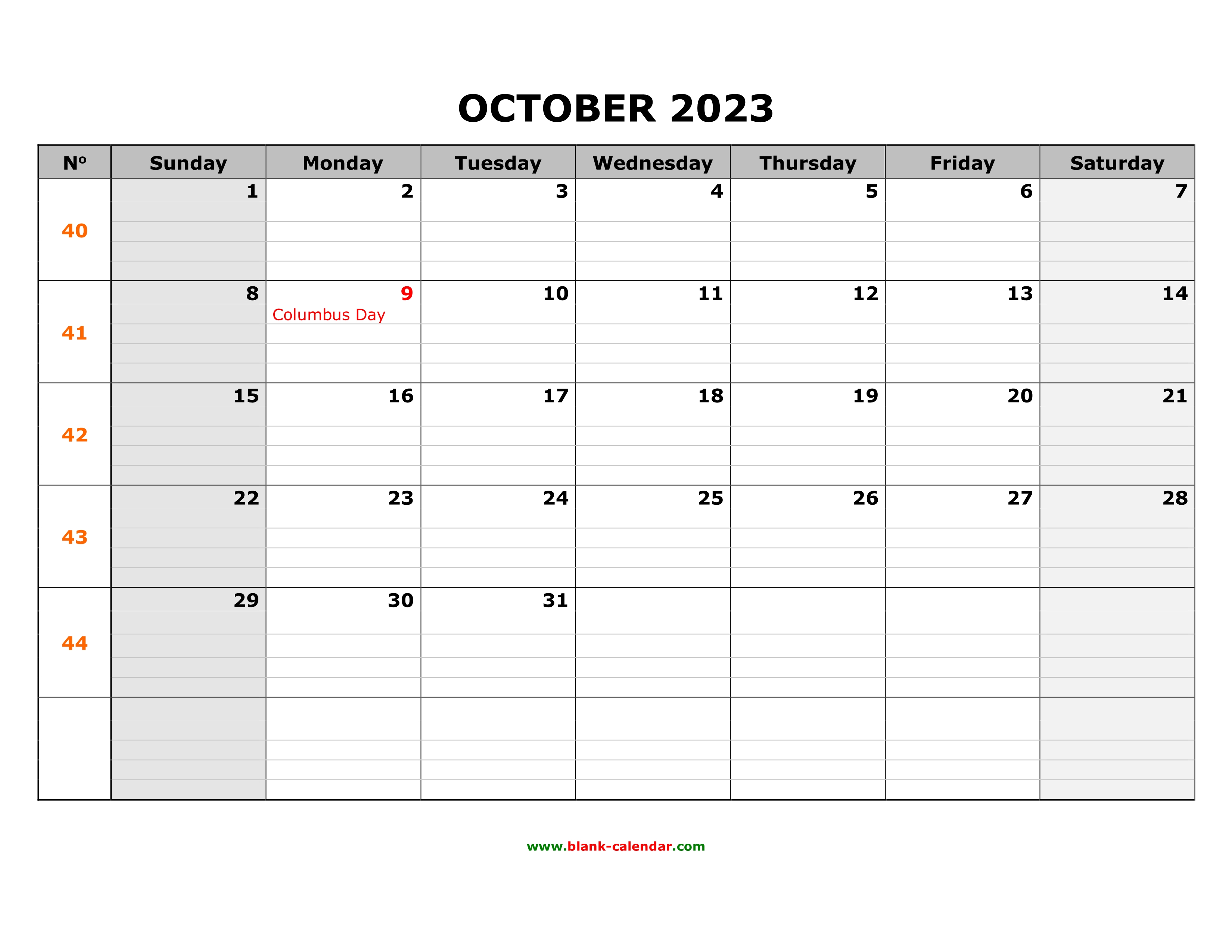 Free Download Printable October 2023 Calendar Large Box Grid Space 