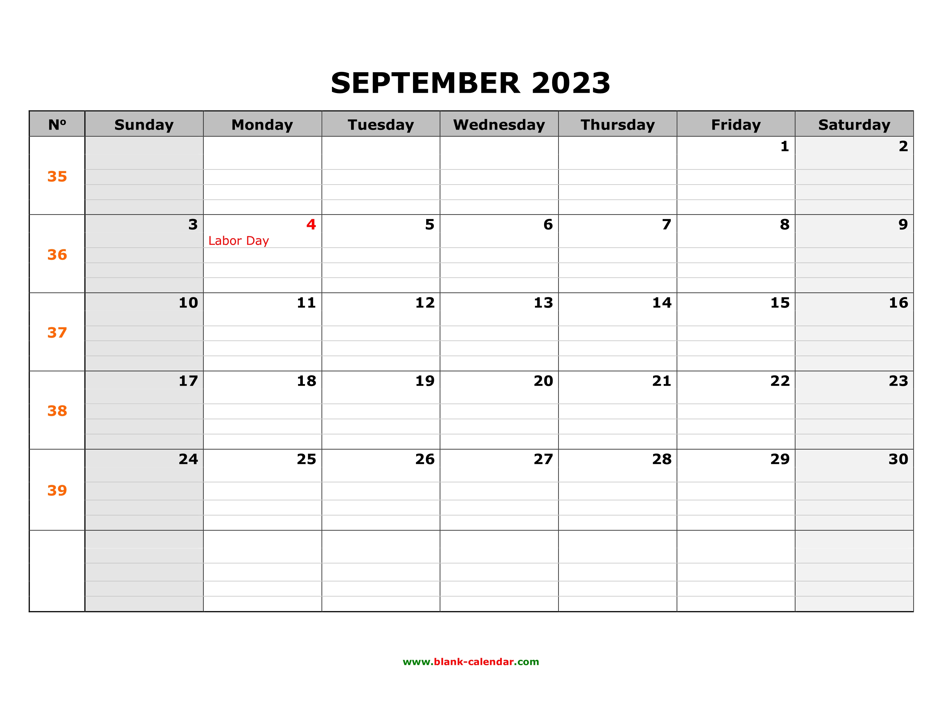 Free Download Printable September 2023 Calendar Large Box Grid Space
