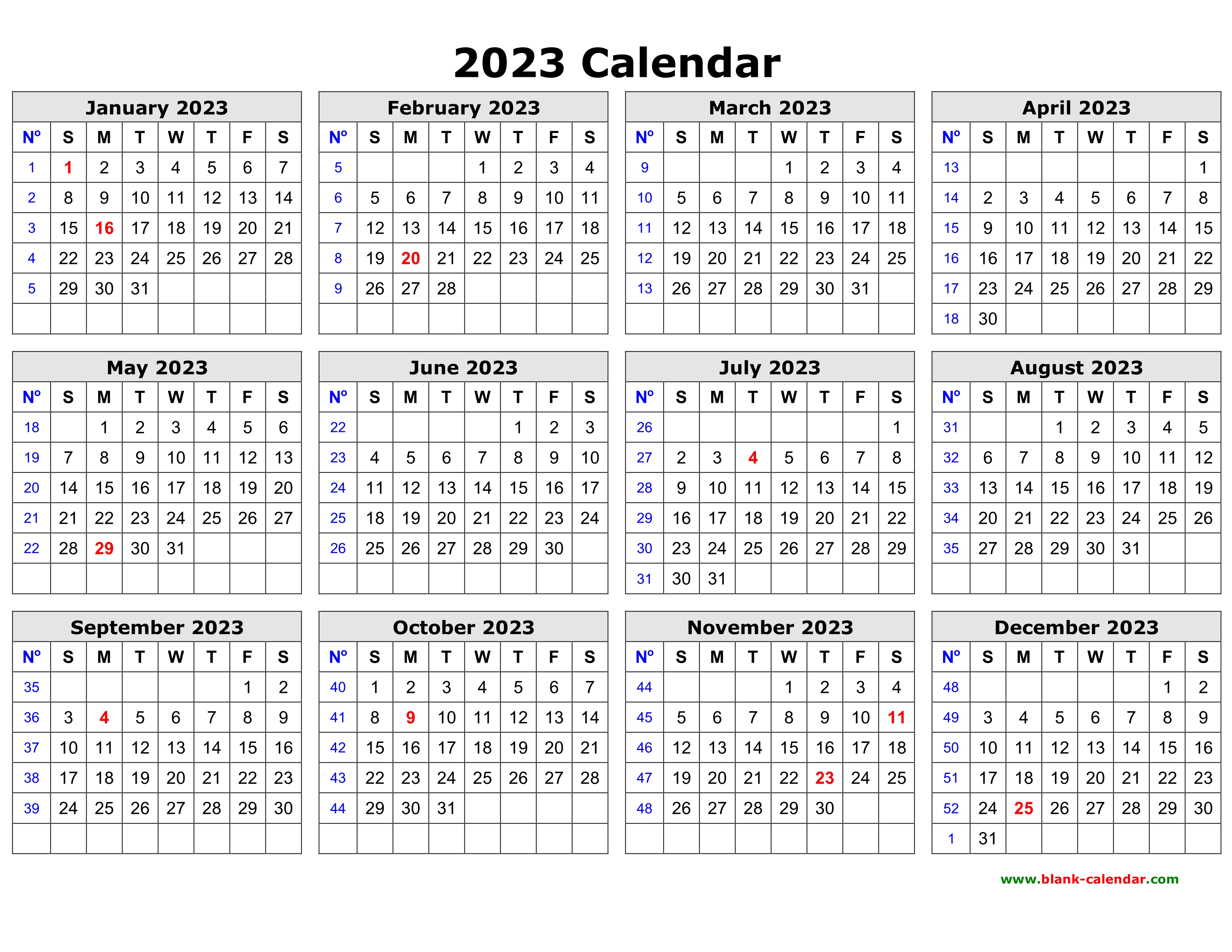 Free Download Printable Calendar 2023 in one page, clean design.