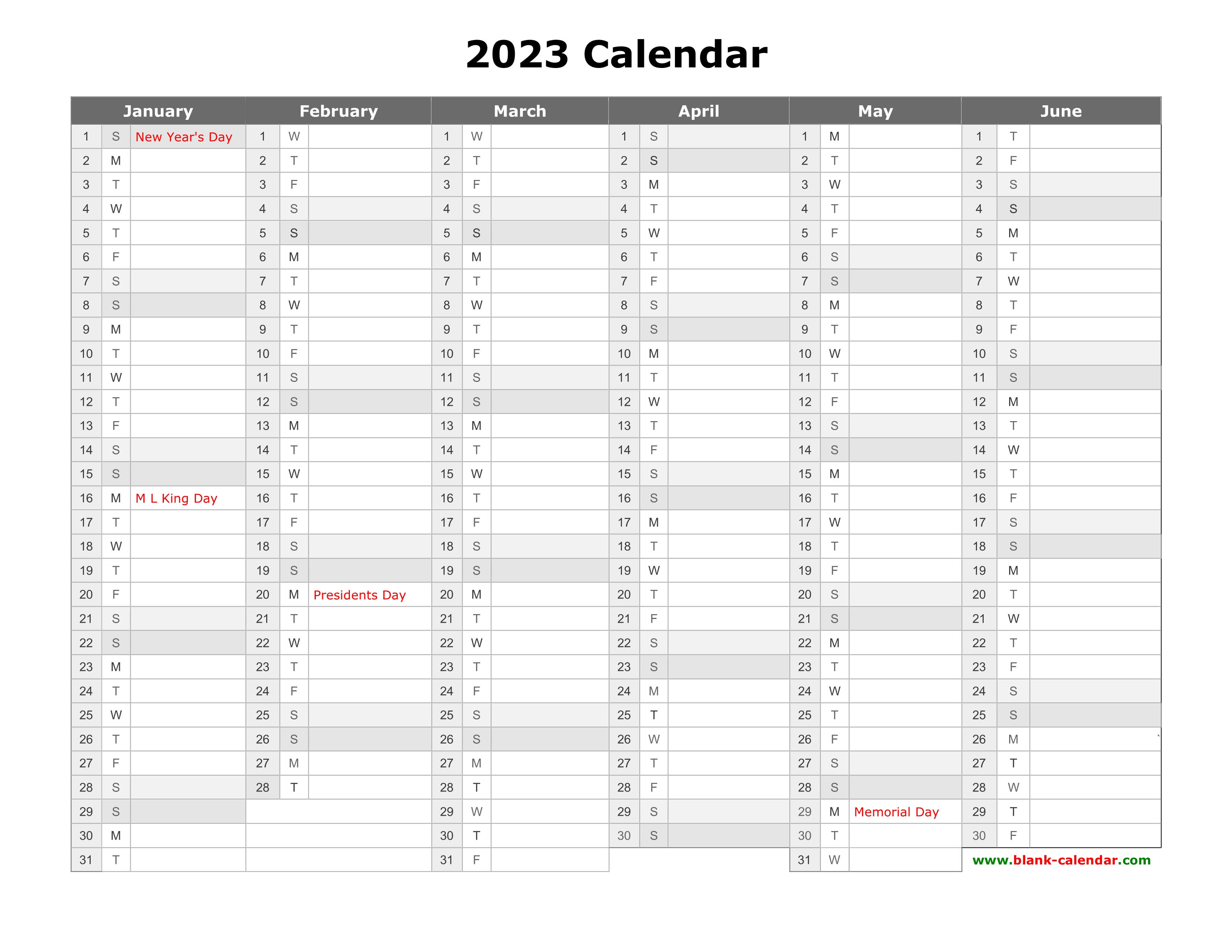 Free Download Printable Calendar 2023, month in a column, half a year