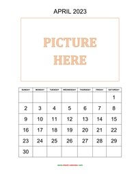 Printable April 2023 Calendar, pictures can be placed at the top (vertical)