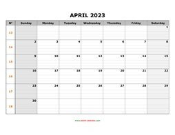 Printable April 2023 Calendar, large box grid, space for notes (horizontal)