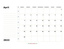 Printable April 2023 Calendar, large box, Federal Holidays listed, space for notes (horizontal)