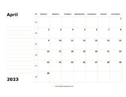 Printable April 2023 Calendar, large box, Federal Holidays listed, space for notes (horizontal)