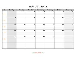 Printable August 2023 Calendar, large box grid, space for notes (horizontal)
