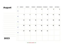 Printable August 2023 Calendar, large box, Federal Holidays listed, space for notes (horizontal)