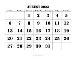 Printable August 2023 Calendar, large font design , holidays on red (horizontal)