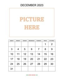 printable december 2023 calendar, pictures can be placed at the top