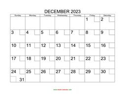 Printable December 2023 Calendar with check boxes (horizontal)