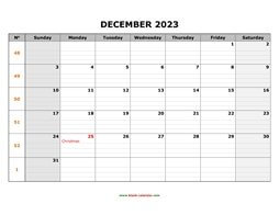 Printable December 2023 Calendar, large box grid, space for notes (horizontal)