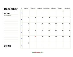 printable december 2023 calendar, large box, space for notes