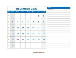 Printable December 2023 Calendar, large space for appointment and notes (horizontal)