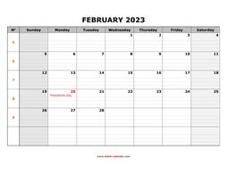 printable february 2023 calendar large box grid, space for notes