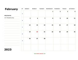 printable february calendar 2023 large box space notes