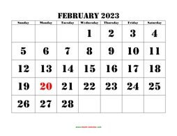 Printable February 2023 Calendar, large font design , holidays on red (horizontal)