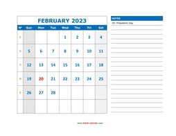 Printable February 2023 Calendar, large space for appointment and notes (horizontal)