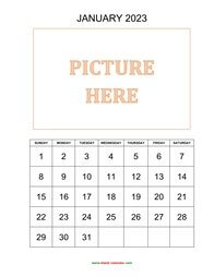 Printable January 2023 Calendar, pictures can be placed at the top (vertical)