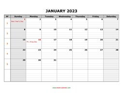 Printable January 2023 Calendar, large box grid, space for notes (horizontal)
