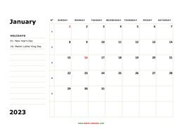 Printable January 2023 Calendar, large box, Federal Holidays listed, space for notes (horizontal)