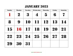 Printable January 2023 Calendar, large font design , holidays on red (horizontal)