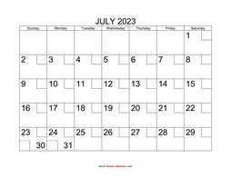 Printable July 2023 Calendar with check boxes (horizontal)