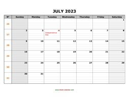 printable july 2023 calendar large box grid, space for notes