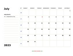 printable july calendar 2023 large box space notes