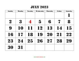 Printable July 2023 Calendar, large font design , holidays on red (horizontal)
