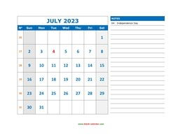 Printable July 2023 Calendar, large space for appointment and notes (horizontal)