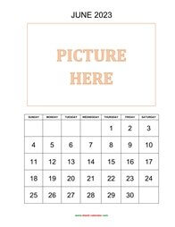 Printable June 2023 Calendar, pictures can be placed at the top (vertical)