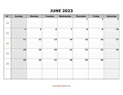 Printable June 2023 Calendar, large box grid, space for notes (horizontal)