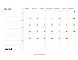 printable june calendar 2023 large box space notes