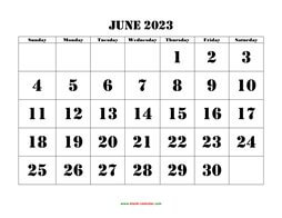 Printable June 2023 Calendar, large font design , holidays on red (horizontal)
