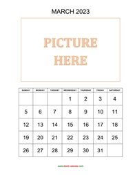 printable march 2023 calendar, pictures can be placed at the top