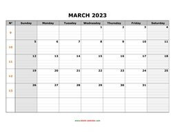 Printable March 2023 Calendar, large box grid, space for notes (horizontal)